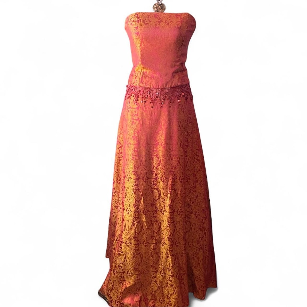 Vintage 90s/Y2K Roberta Pink Gold Brocade Strapless Prom Maxi Dress Size 3/4